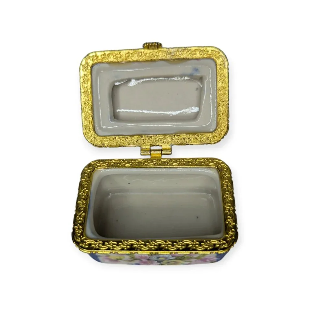 Ceramic Trinket Hinged Box Blue White Yellow and Pink 2.5